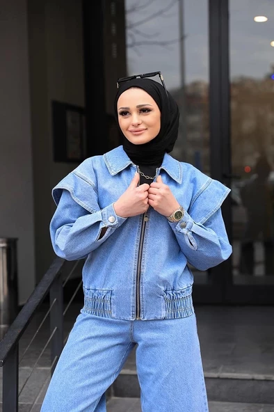 Omuz Detaylı  Kot Ceket Açık Mavi - 2