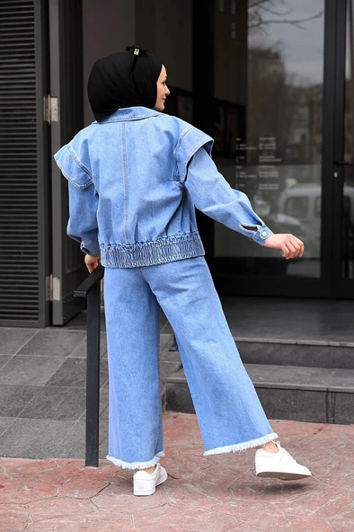 Omuz Detaylı  Kot Ceket Açık Mavi - 5