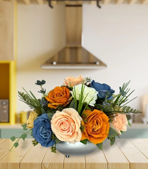 Nettenevime Yapay Çiçek Aranjmanı Latex Çiçekli Ufo Tip Metal Gümüş Vazolu Masa Üstü Çiçeği Arajman ürün görseli 1