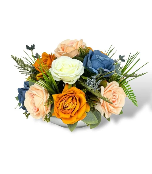 Nettenevime Yapay Çiçek Aranjmanı Latex Çiçekli Ufo Tip Metal Gümüş Vazolu Masa Üstü Çiçeği Arajman - Resim 7