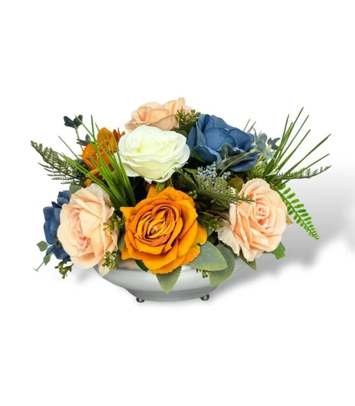 Nettenevime Yapay Çiçek Aranjmanı Latex Çiçekli Ufo Tip Metal Gümüş Vazolu Masa Üstü Çiçeği Arajman - Resim 8