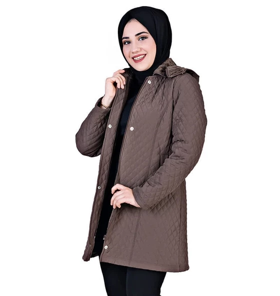 Kapüşonlu Kapitone Tesettür Mont  Kahverengi - 2