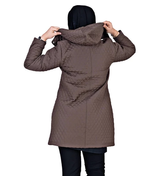 Kapüşonlu Kapitone Tesettür Mont  Kahverengi - 4