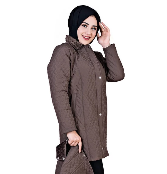 Kapüşonlu Kapitone Tesettür Mont  Kahverengi - 3
