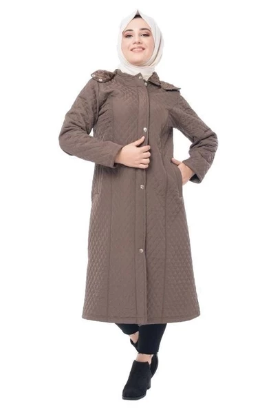 Kapüşonlu Kapitone Tesettür Mont  Kahverengi - 2