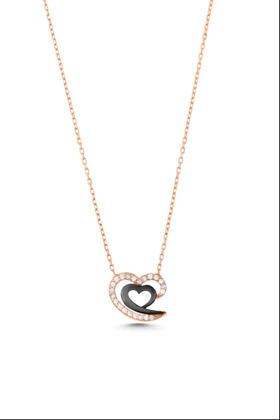 925 Ayar Gümüş Kalpli Kolye, Pembe Siyah - Beyaz Taş - Resim 4
