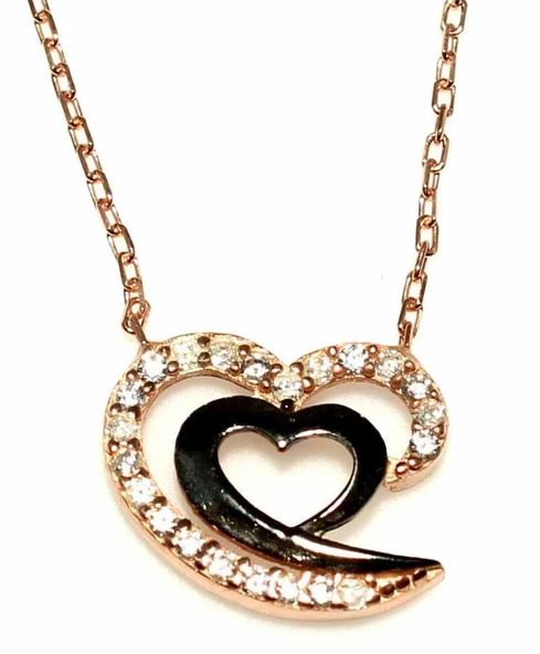 925 Ayar Gümüş Kalpli Kolye, Pembe Siyah - Beyaz Taş - Resim 2