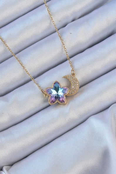 316L Çelik Zincir Altın Renk Ay Tasarımlı Renkli Zirkon Taşlı Çiçek Kolye - TJ-BKO9135 ürün görseli 1