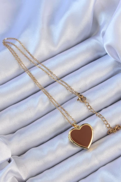 316L Çelik Zincir Altın Renk Mineli İçi Açılan Kalp Kolye - TJ-BKO9097 - Resim 2