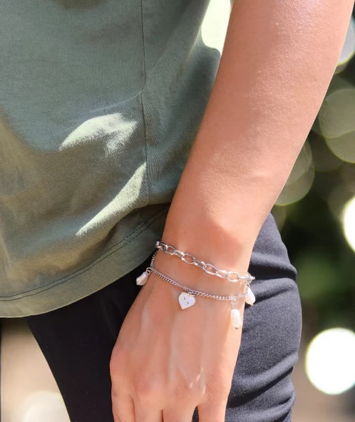 Kadın Çelik İnci Bileklik, Kalp Figür, Gümüş Zincir Takı & Mücevher, Kadın Aksesuar Sevgili Hediye - 3