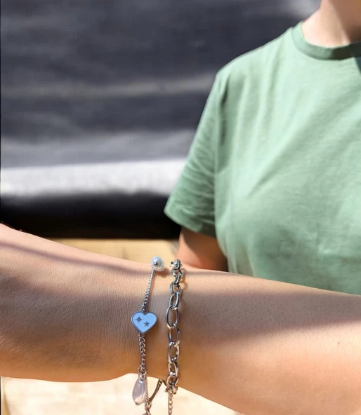 Kadın Çelik İnci Bileklik, Kalp Figür, Gümüş Zincir Takı & Mücevher, Kadın Aksesuar Sevgili Hediye - 2