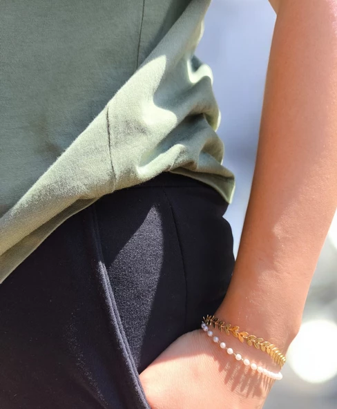 2'li Yaprak Ve Inci Gold Renk Çelik Bileklik, Kararmaz Çelik Takı, Sevgiliye Gold Bileklik Hediye - 3