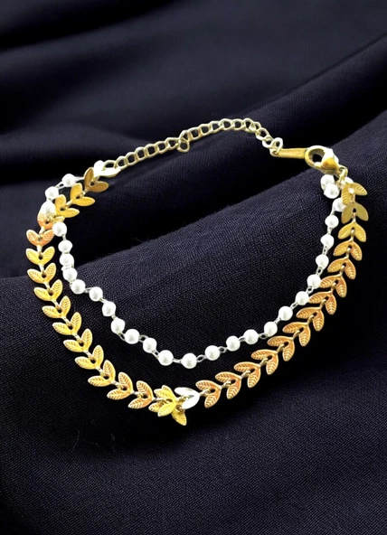2'li Yaprak Ve Inci Gold Renk Çelik Bileklik, Kararmaz Çelik Takı, Sevgiliye Gold Bileklik Hediye