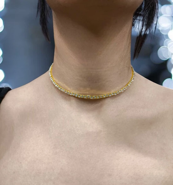 Su Yolu Gold Renk Çelik Tasma Choker, Kararmaz Çelik Takı, Kadın Sevgiliye Gerdanlık Hediye