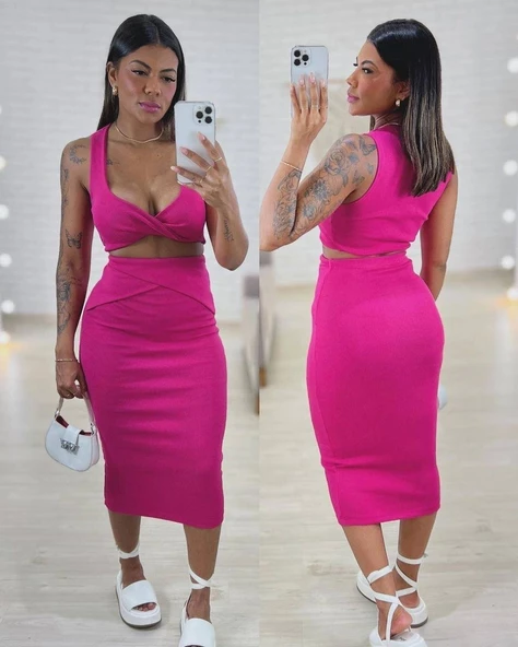 Kadın Likralı Burgu Kumaş Kruvaze Detaylı Büstiyer Etek Takım ürün görseli