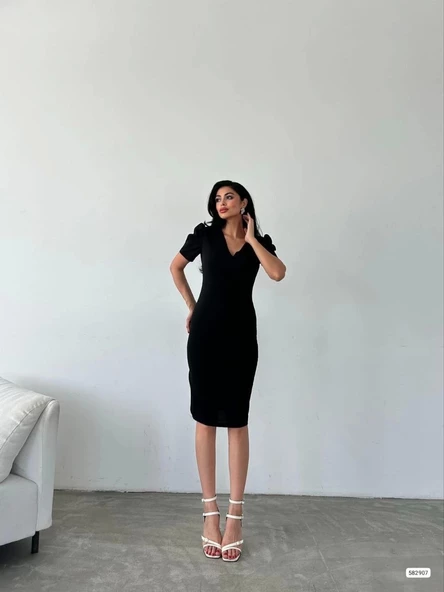 Kadın Kruvaze Yaka Yandan Yırtmaç Detaylı Scuba Krep Kumaş Midi Boy Elbise - 6