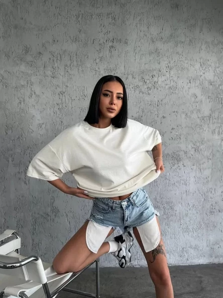 Düz Biskilet Yaka  T-shirt - Beyaz - Resim 2