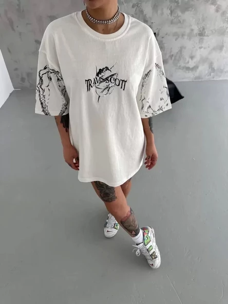 Unisex Bisiklet Yaka Baskılı Oversize T-Shirt - Beyaz - Resim 2