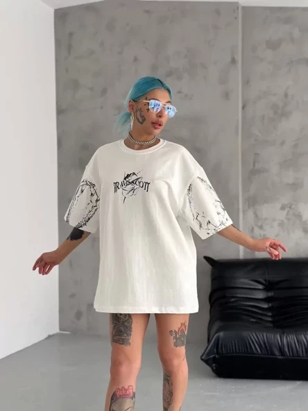 Unisex Bisiklet Yaka Baskılı Oversize T-Shirt - Beyaz