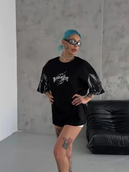 Unisex Bisiklet Yaka Baskılı Oversize T-Shirt - Siyah - Resim 2