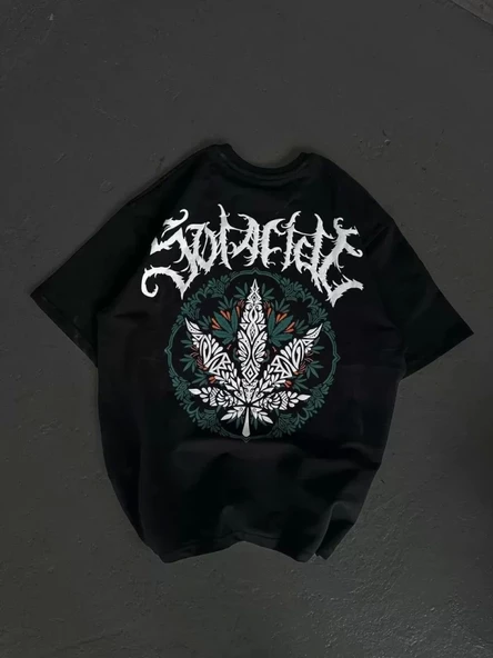 Unisex Bisiklet Yaka Baskılı Oversize T-Shirt - Siyah - Resim 2