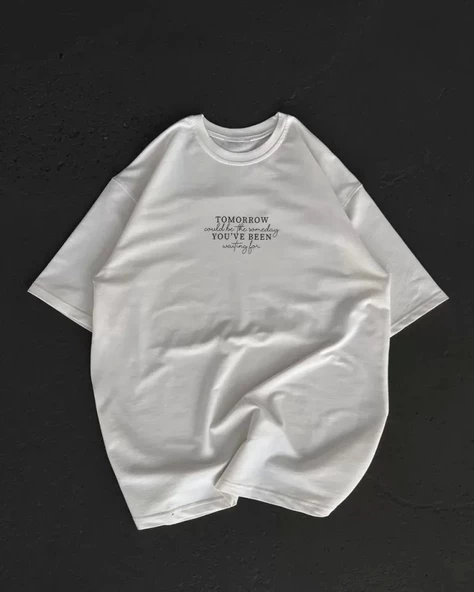 Unisex Bisiklet Yaka Baskılı Oversize T-Shirt - Beyaz ürün görseli 1