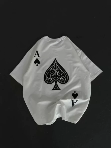 Unisex Bisiklet Yaka Baskılı Oversize T-Shirt - Beyaz - Resim 2