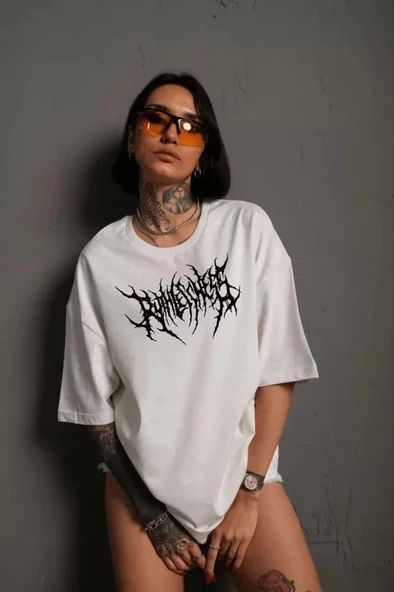 Unisex Bisiklet Yaka Baskılı Oversize T-Shirt - Beyaz - Resim 2
