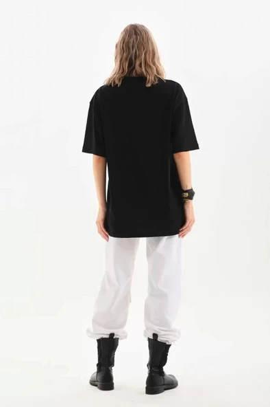 Unisex Bisiklet Yaka 20/1 Düz Oversize T-Shirt - Siyah - Resim 4