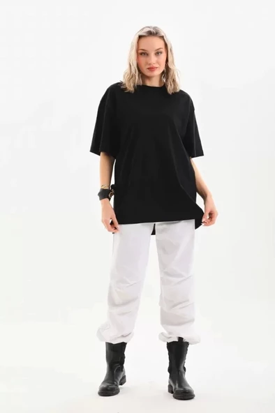 Unisex Bisiklet Yaka 20/1 Düz Oversize T-Shirt - Siyah - Resim 2