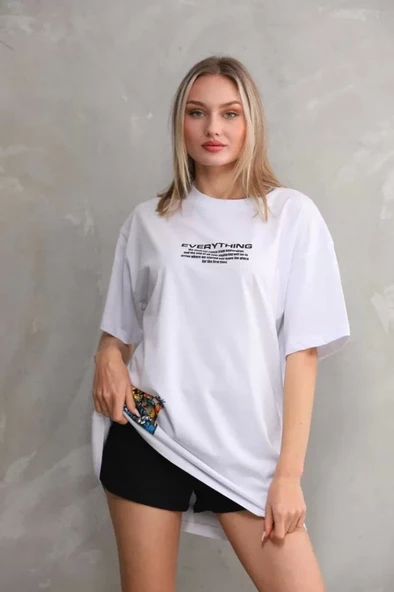 Unisex Bisiklet Yaka Baskılı Oversize T-Shirt - Beyaz - Resim 4