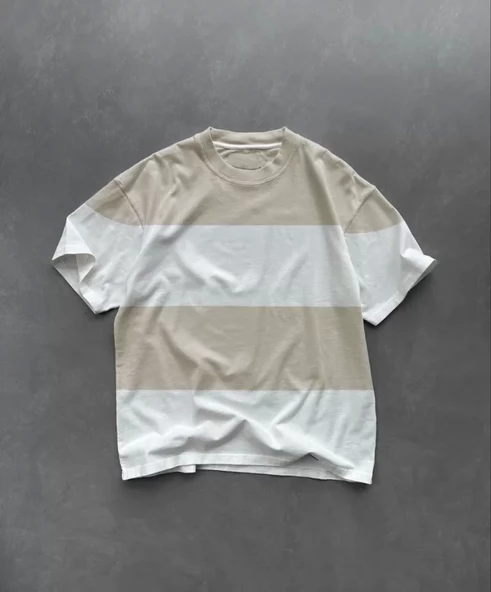 Unisex Bisiklet Yaka Parçalı T-Shirt - Bej ürün görseli 1