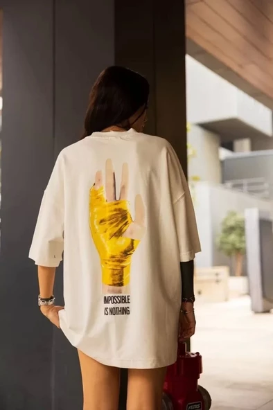 Unisex Bisiklet Yaka Baskılı Oversize T-Shirt - Beyaz - Resim 2