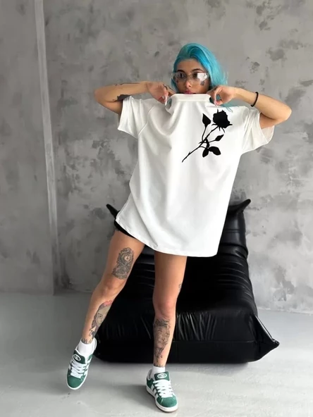 Unisex Bisiklet Yaka Baskılı Oversize T-Shirt - Beyaz - Resim 3