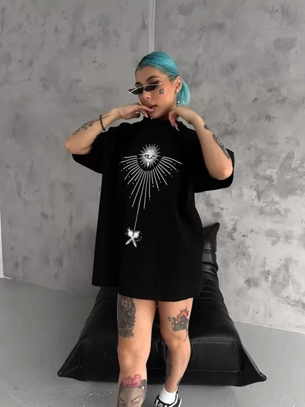 Unisex Bisiklet Yaka Baskılı Oversize T-Shirt - Siyah - Resim 2
