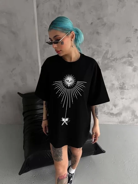 Unisex Bisiklet Yaka Baskılı Oversize T-Shirt - Siyah - Resim 3