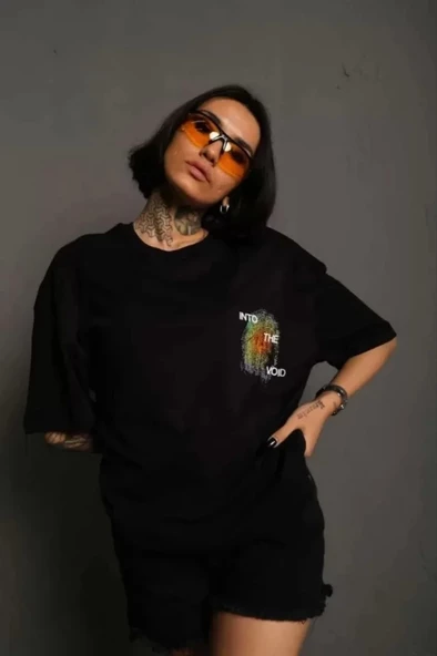 Unisex Bisiklet Yaka Baskılı Oversize T-Shirt - Siyah