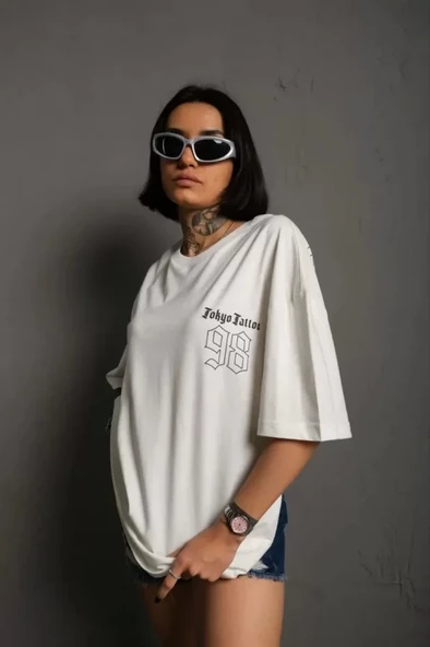 Unisex Bisiklet Yaka Baskılı Oversize T-Shirt - Beyaz - Resim 2
