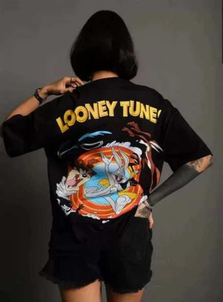 Unisex Bisiklet Yaka Baskılı Oversize T-Shirt - Siyah - Resim 2