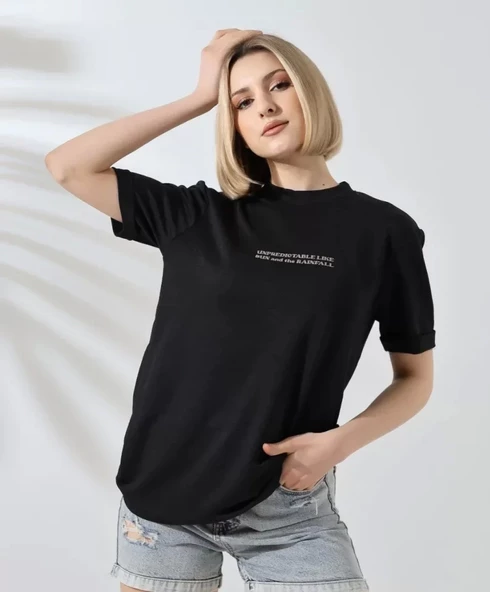 Unisex Bisiklet Yaka Baskılı Slim Fit T-Shirt - Siyah - 3