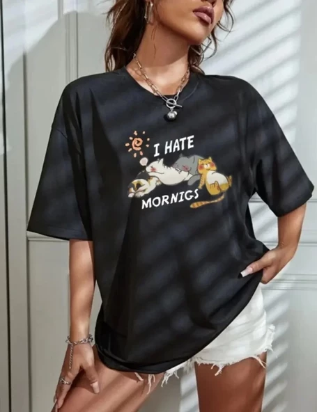 Bisiklet Yaka Baskılı Oversize T-Shirt - Siyah ürün görseli 1