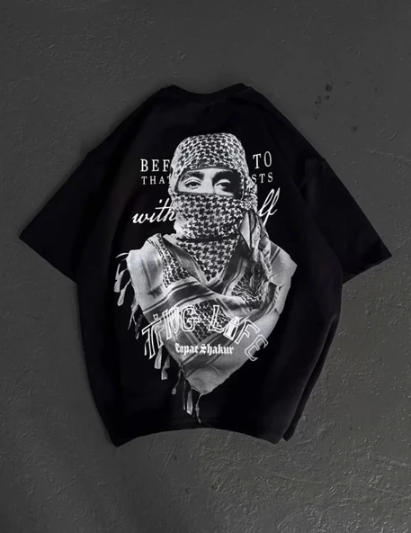 Unisex Baskılı Oversize T-Shirt - Siyah - Resim 3