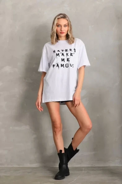 Unisex Baskılı Oversize T-Shirt - Beyaz - 4
