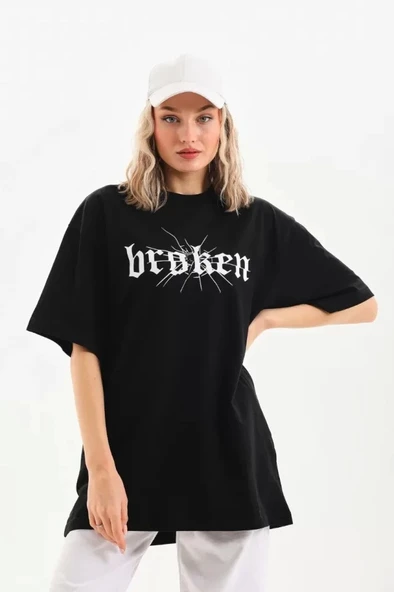 Unisex Baskılı Oversize T-Shirt - Siyah - Resim 4