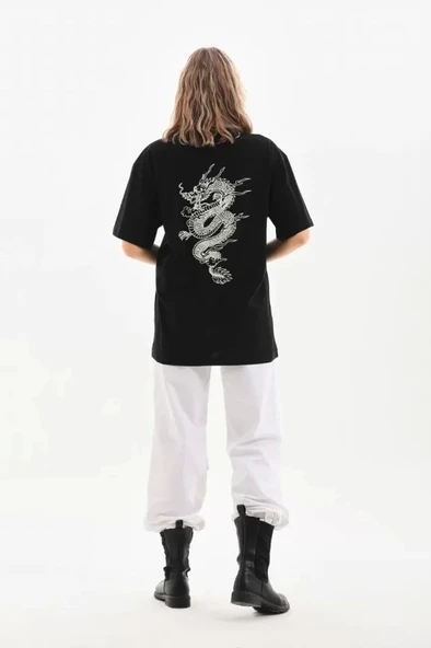 Unisex Baskılı Oversize T-Shirt - Siyah - 3