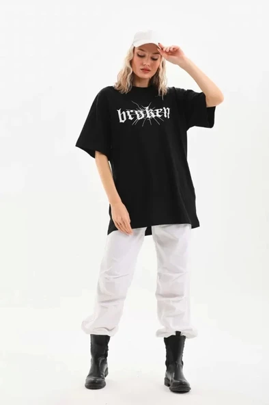 Unisex Baskılı Oversize T-Shirt - Siyah - Resim 3