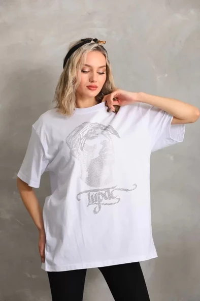 Unisex Taş Desenli Oversize T-Shirt - Beyaz - Resim 4
