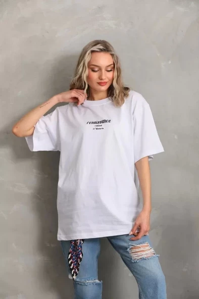 Unisex Baskılı Oversize T-Shirt - Beyaz