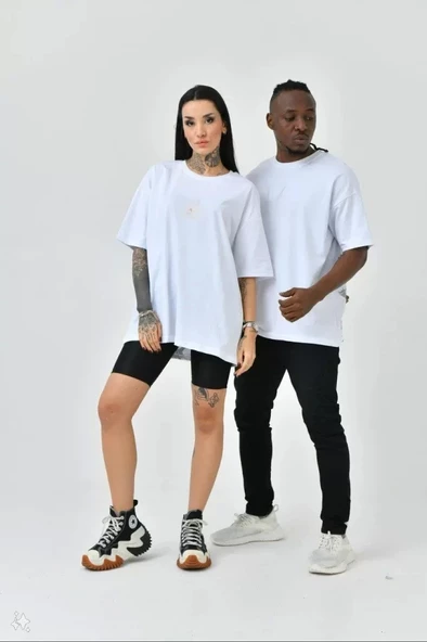 Unisex Basic Bisiklet Yaka Oversize T-Shirt - Beyaz