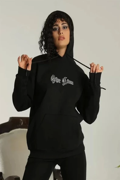 Sırt Baskılı Oversize Üç İplik Kapüşonlu Sweatshirt - Siyah